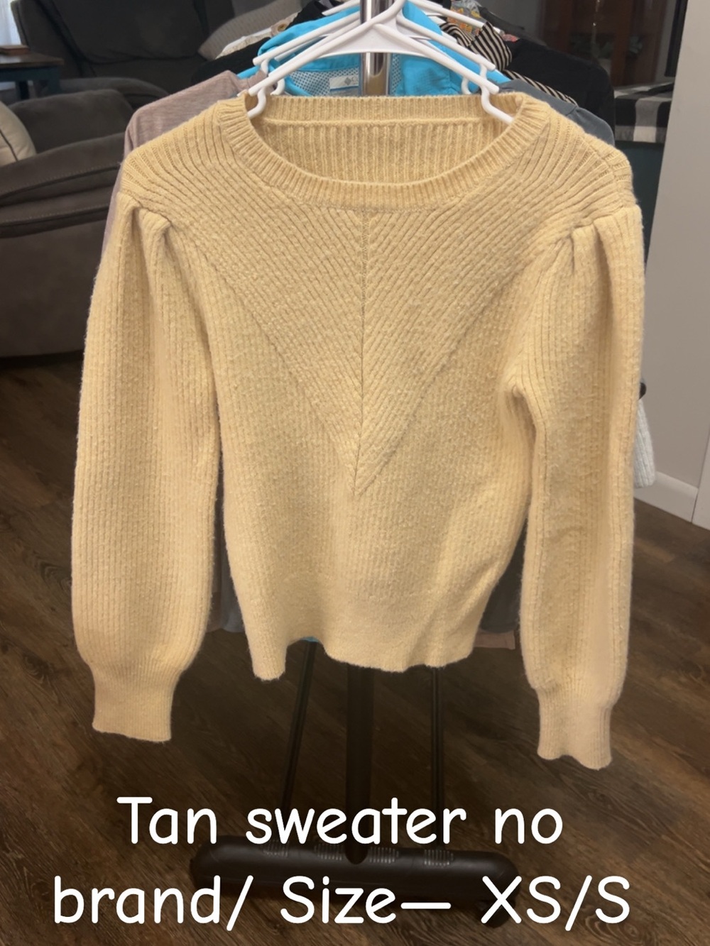 Neutral Tan Crewneck Puff-Sleeve Sweater - Unbranded